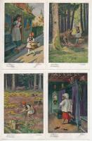 Rotkäppchen. Brüder Grimm / 6 db RÉGI német művészlap: Piroska és a farkas (egy sorozat) / 6 pre-1945 German art postcards: Little Red Riding Hood. Brothers Grimm fairy tale art postcards series s: O. Kubel