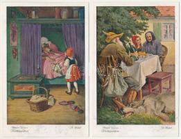 Rotkäppchen. Brüder Grimm / 6 db RÉGI német művészlap: Piroska és a farkas (egy sorozat) / 6 pre-194...