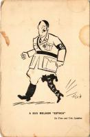 A sua melhor "estaca" / "His best prop" WWII Anti-Nazi propaganda, mocking caricature, Adolf Hitler with a broken leg, which is being replaced by a boot-shaped prosthetic labeled "Italia" suggesting that Italy was a crucial, but perhaps unreliable support for Germany. Time and Tide, London s: Vicky (kopott sarkak / worn corners)