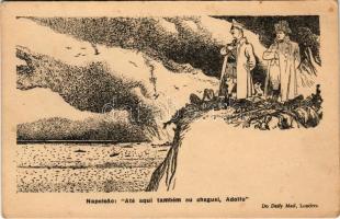 Napoleao - "Até aqui também eu oheguei, Adolfo" / Napoleon "I also came this far, Adolf" WWII Anti-Nazi propaganda, mocking caricature, Adolf Hitler and Napoleon looking out over a sea of destruction. The caption, spoken by Napoleon, suggests a comparison between their military campaigns and ultimate downfalls. Daily Mail, London (EK)
