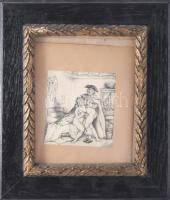 Sallai jelzéssel: Pornográf jelenet. Ceruza, papír. Üvegezett, dekoratív fakeretben. 12,5x11 cm