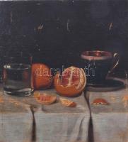 Molnár Z. János (1880-1960): Csendélet porceláncsészével és déligyümölcsökkel. Olaj, rétegelt falemez, jelzés nélkül. Felületi sérülésekkel. 32x28,5 cm