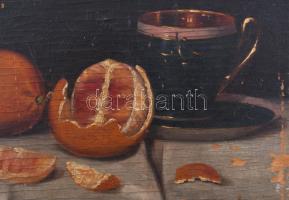 Molnár Z. János (1880-1960): Csendélet porceláncsészével és déligyümölcsökkel. Olaj, rétegelt faleme...