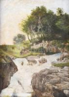 Jelzés nélkül, XIX. sz. festő: Tehénpásztorlány. Olaj, vászon, sérült. Dekoratív, javított fakeretben. 26x19,5 cm