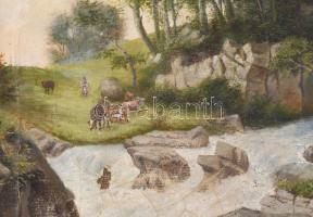 Jelzés nélkül, XIX. sz. festő: Tehénpásztorlány. Olaj, vászon, sérült. Dekoratív, javított fakeretbe...