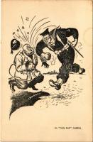 Taranto / WWII Anti-Fascist propaganda, mocking caricature, that shows a British sailor punching Italian dictator Benito Mussolini in the face. The word "Taranto" referencing the Battle of Taranto on November 11-12, 1940, where the British Royal Navy launched the first all-aircraft naval attack in history. Daily Mail, London (fl)