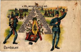 1912 A fél megszolgált idő / Austro-Hungarian K.u.K. military art postcard, period of service. Art Nouveau, litho + "KOMÁROM P.U." (ázott / wet damage)