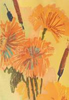 Rác András (1926-2013): Őszi virágok. Színes linómetszet, papír, jelzett, üvegezett fakeretben, 46x1...
