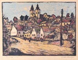 Réti Mátyás (1922-2002): Tihanyi utca. Linómetszet, papír, jelzett. Üvegezett fakeretben, 25x34 cm