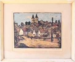 Réti Mátyás (1922-2002): Tihanyi utca. Linómetszet, papír, jelzett. Üvegezett fakeretben, 25x34 cm