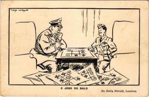 O jogo do galo / WWII Anti-Nazi propaganda, mocking caricature, depicts a game of tic-tac-toe between a Nazi officer and a RAF (British Royal Air Force) pilot, swastika. Daily Herald, London s: Whitelaw (EB)