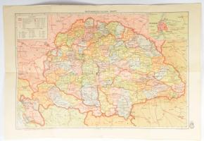 Magyarország politikai térképe a bécsi döntések, a kárpátaljai és délvidéki bevonulások után. Mértéke: 1:2,500.000. (1943). [Budapest], 1943. Kókai Lajos - M. Kir. Honvéd Térképészeti Intézet. Színes térkép, mérete: 250x380 mm egy 300x435 mm méretű térképlapon. 1943-ban kiadott közigazgatási térképünk a teljes történelmi Magyarországot ábrázolja; az 1938-as, 1939-es, 1940-es és 1941-es diplomáciai és katonai műveletek nyomán létrejött új határvonal feltüntetésével. Érdekes részlet, hogy lapunk az 1918-ig érvényes megyebeosztást tartalmazza. a bukovinai székely települések esetén magyar megnevezésekkel), . A jobb felső sarokban Budapest melléktérképe. Hajtva