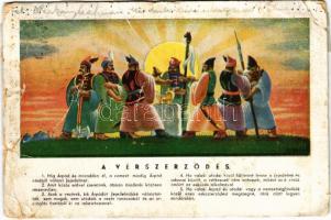 1943 Vérszerződés. Kállay László kiadása, Magyar Könyv / Hungarian Blood oath, irredenta art postcard s: Szörényi (r)