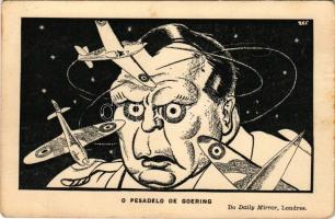 O pesadelo de Goering / "Göring's Nightmare" WWII Anti-Nazi propaganda, mocking caricature with Hermann Göring, the head of the Nazi Luftwaffe, looking tormented as Royal Air Force (RAF) planes fly around him. Daily Mirror, London s: Zec (gyűrődés / crease)