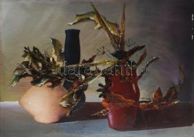 Göcsey József (1957-): Csendélet. Olaj, farost, jelzett. Hátoldalán Képcsarnok Vállalat címkéjével. Szélén apró felületi sérülésekkel. 50x70 cm