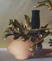 Göcsey József (1957-): Csendélet. Olaj, farost, jelzett. Hátoldalán Képcsarnok Vállalat címkéjével. ...