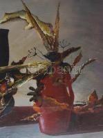 Göcsey József (1957-): Csendélet. Olaj, farost, jelzett. Hátoldalán Képcsarnok Vállalat címkéjével. ...