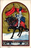 1914 K.L.O.Sz. (Katolikus Leányok Országos Szövetsége?) művészlap, lovag zászlóval. Löbl Mór kiadása / Catholic art postcard, knight with flag s: Szilágyi M. (EB)