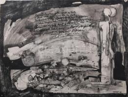 Tardi Kovács Sándor (1938-2013): Illusztráció Radnóti Miklós Razglednicák c. verséhez, 1968. Tus, papír, jelzett, lap sarkaiban apró lyukakkal, 35x45 cm