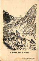 A marcha sobre a Albania / "The March on Albania" WWII Anti-Fascist propaganda, mocking caricature depicting a "Napoleon" Mussolini and referencing the 1940 Greco-Italian War during World War II - in which, despite initial Italian advances, the Greek army successfully counterattacked and pushed Italian forces back into Albania, and captured several towns, including Korce (Koritza, Korytsa). Daily Mail, London s: Leslie Illingworth - from postcard booklet (fl)