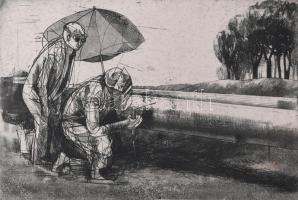 Lenkey Zoltán (1936-1983): Csőhegesztés. Rézkarc, papír. Jelzett. Lap széle foltos. 17,5x25,5 cm