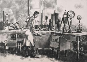 Gacs Gábor (1930-2019): Kutató laboratórium. Rézkarc, papír. Jelzett. Lapszéli apró szakadással. 20x27 cm