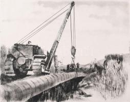 Rozanits Tibor (1931-): Cső elhelyezése (olvashatatlan címmel). Rézkarc, papír. Jelzett. 18x23 cm