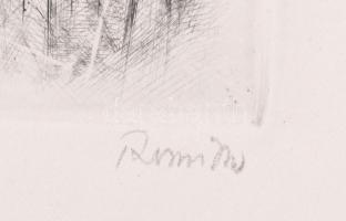 Rozanits Tibor (1931-): Cső elhelyezése (olvashatatlan címmel). Rézkarc, papír. Jelzett. 18x23 cm