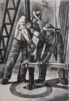 Kaszás István (-): Fúrócső beépítése. Rézkarc, papír. Jelzett. 25x18 cm