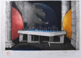 Olvashatatlan jelzéssel: Sárga-vörös-kék billiárd, 1995. Színes rézkarc, papír. Lapszéli elszíneződésekkel. 18,5x29 cm