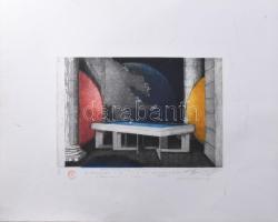 Olvashatatlan jelzéssel: Sárga-vörös-kék billiárd, 1995. Színes rézkarc, papír. Lapszéli elszíneződé...