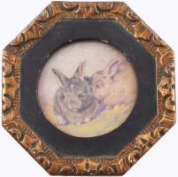 Rainerné Istvánffy Gabriella (1875-1964): Két nyuszi. Ceruza, papír. Jelzett. Üvegezett, dekoratív fakeretben. d: 10 cm