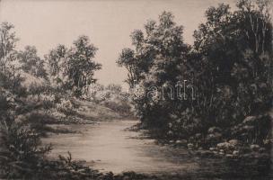 Paulovits Pál (1892-1975): Sziklás patak. Rézkarc, papír, jelzett, kartonra kasírozva, lapszéli elszíneződésekkel, 19,5×29 cm