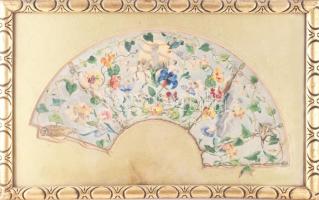 Jelzés nélkül, XIX. sz. második fele: Legyezőterv alakokkal, madarakkal, virágokkal. Akvarell, ceruza, papír. Üvegezett fakeretben. 13,5×38 cm