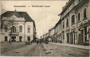 Rimaszombat, Rimavska Sobota; Erzsébet téri részlet, Fridmann &amp; Zsigmond, Bazár, Altmann Sámuel üzlete, cukrászda. Ifj. Rábely Miklós kiadása / square, shops, confectionery (EK)