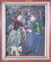 Jelzés nélkül, XX. sz. magyar festő: Kutyasétáltatás. Olaj, vászon. Proveniencia: Saphier-gyűjtemény. Üvegezett, kopott fakeretben. 31,5x24 cm