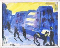 Olvashatatlan jelzéssel, XX. sz. magyar festő: Alakok. Olaj, vászon. Proveniencia: Saphier-gyűjtemény. Üvegezett, kopott fakeretben. 23,5x29,5 cm