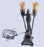 Gustav Gurschner (1873-1970) terv.: Jugendstil nőalakos asztali lámpa. Patinázott bronz, fémlüszteres búrákkal, jelzett, m: 44 cm