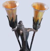 Gustav Gurschner (1873-1970) terv.: Jugendstil nőalakos asztali lámpa. Patinázott bronz, fémlüsztere...