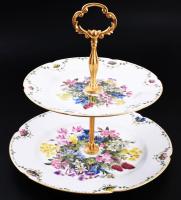 Német emeletes kínáló, virágmintával, jelzett, d: 25 cm, m: 24 cm