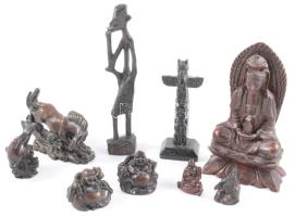 Vegyes keleti és afrikai szobrok, műgyanta, fa. 9 db 4-17 cm.ig