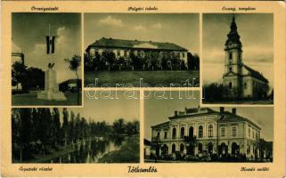1948 Tótkomlós, Országzászló, Polgári iskola, Evangélikus templom, Érpataki részlet, Hotel Komló szálloda, automobilok. Bogár Mihály kiadása (EB)