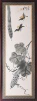 Jelzés nélkül, feltehetően távol-keleti alkotó: Madarak. Akvarell, selyem. Foltos. Dekoratív, fém veretekkel díszített fakeretben. 78,5x23,52 cm