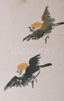 Jelzés nélkül, feltehetően távol-keleti alkotó: Madarak. Akvarell, selyem. Foltos. Dekoratív, fém ve...