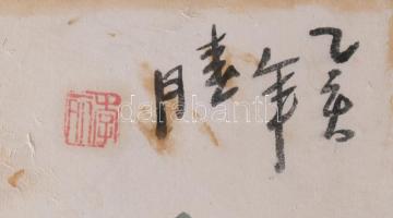 Jelzés nélkül, feltehetően távol-keleti alkotó: Madarak. Akvarell, selyem. Foltos. Dekoratív, fém ve...