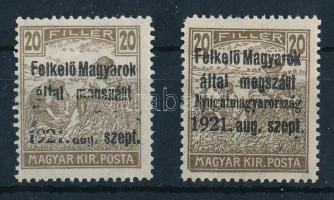 Nyugat-Magyarország I. 1921 Arató 20f nagyon látványosan hiányos felülnyomással! Bodor vizsgálójellel + támpéldány