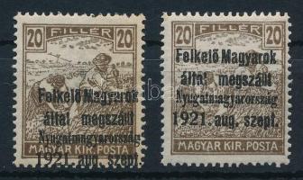 Nyugat-Magyarország I. 1921 Arató 20f nagyon látványosan lefelé tolódott felülnyomással! Bodor vizsgálójellel + támpéldány