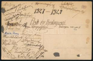 1927 Esztergom, elsőéves teológushallgatók csoportképe, a hátoldalon aláírásaikkal, fotólap, 8,5x13,...