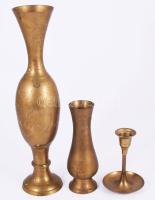 3 darab réz váza, gyertyatartó, m: 29,5 cm alatt