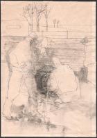 Szalay Lajos (1909-1995): Defekt. Tus, papír, jelzés nélkül. Hátoldalán "Szalay, Deák Dénestől v(...), 1972 (...)" felirattal. Néhány kevés apró folttal. Apró lapszéli szakadásokkal. 30×21 cm.